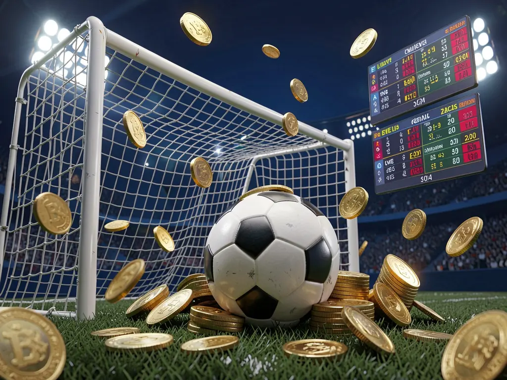 Realistic 3D render of a sports betting page by KKK9 featuring a football goal net, soccer ball, stadium lights, coins, and floating live score panels on a dark blue premium background