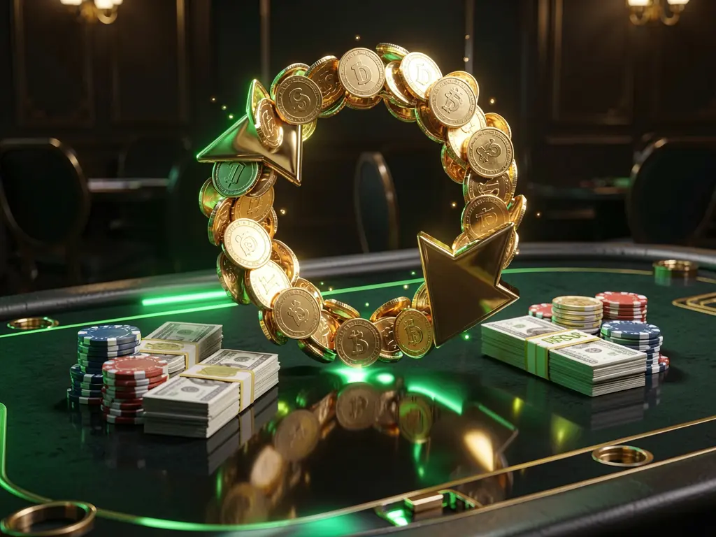KKK9 casino cashback bonus visual featuring golden coins returning in a circular arrow motion with poker chips and cash bundles on a glossy dark table, glowing green and gold accents in a premium online casino style with cinematic lighting