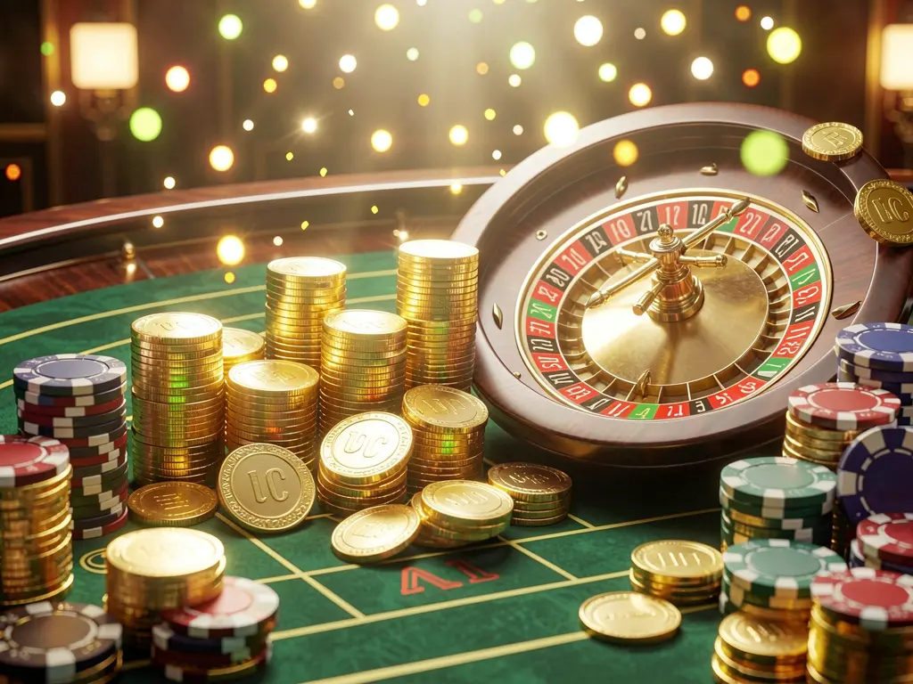 KKK9 casino jackpot scene with golden coins, poker chips, roulette wheel, and bright glowing lights in a luxury celebration atmosphere