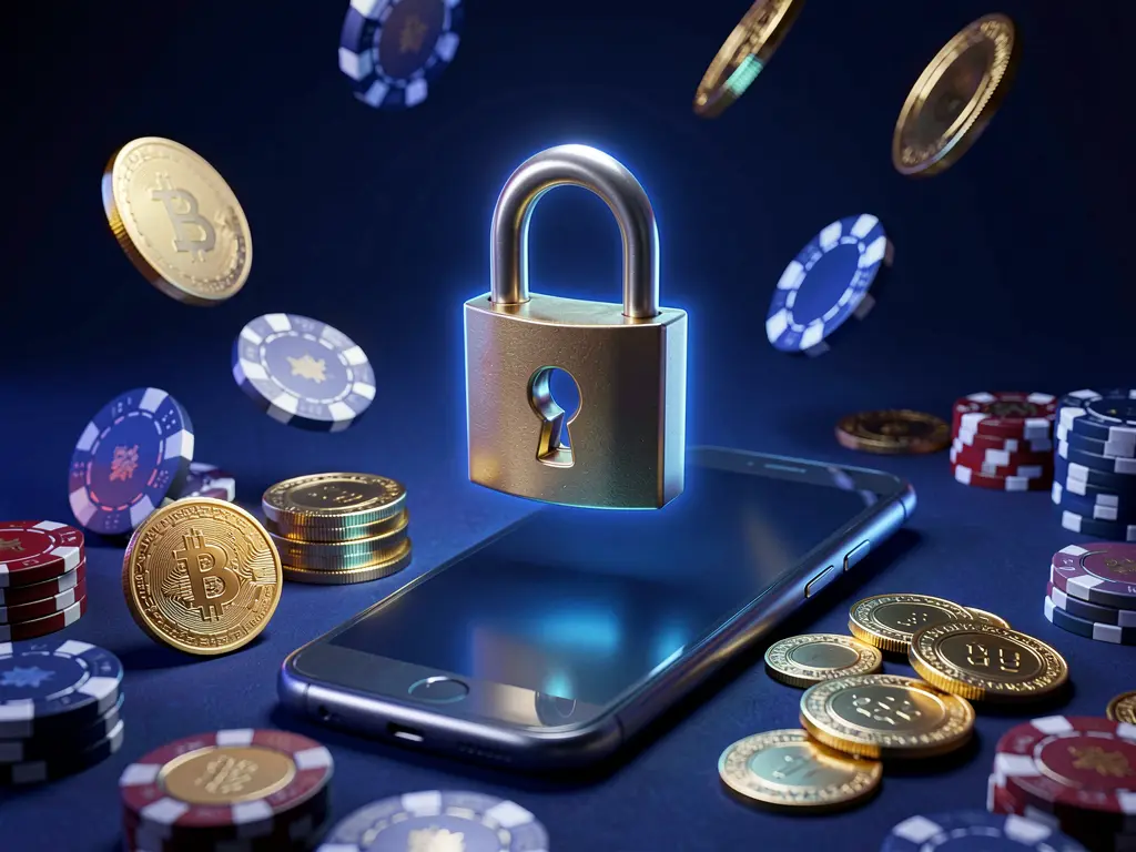 KKK9 casino login security image showing a glowing padlock floating above a smartphone with golden coins and chips scattered around on a dark blue neon background